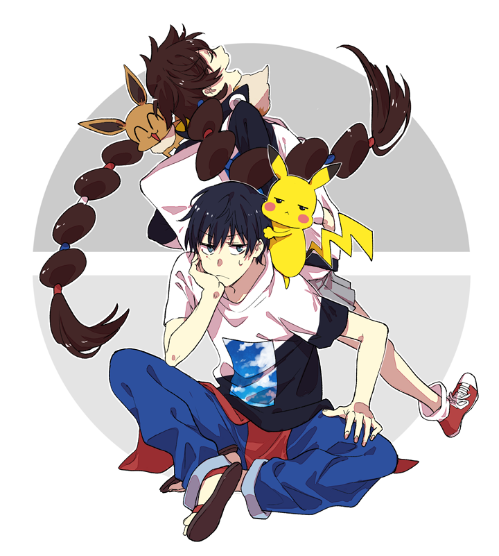 1boy, 1girl, akinoko_(pixiv304871), backpack, bag, baggy_pants, bangs, black_hair