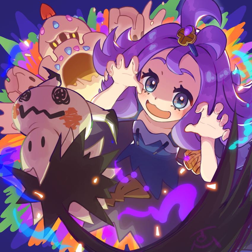 1girl, acerola_(pokemon), armlet, blush, claw_pose, commentary_request, dress, eyelashes, fingernails, gen_7_pokemon, grey_eyes, hair_ornament, highres, looking_at_viewer, mimikyu, open_mouth, palossand, pokemon, pokemon_(creature), pokemon_(game), pokemon_sm, purple_hair, smile, stitches, tom_(pixiv10026189), tongue, topknot