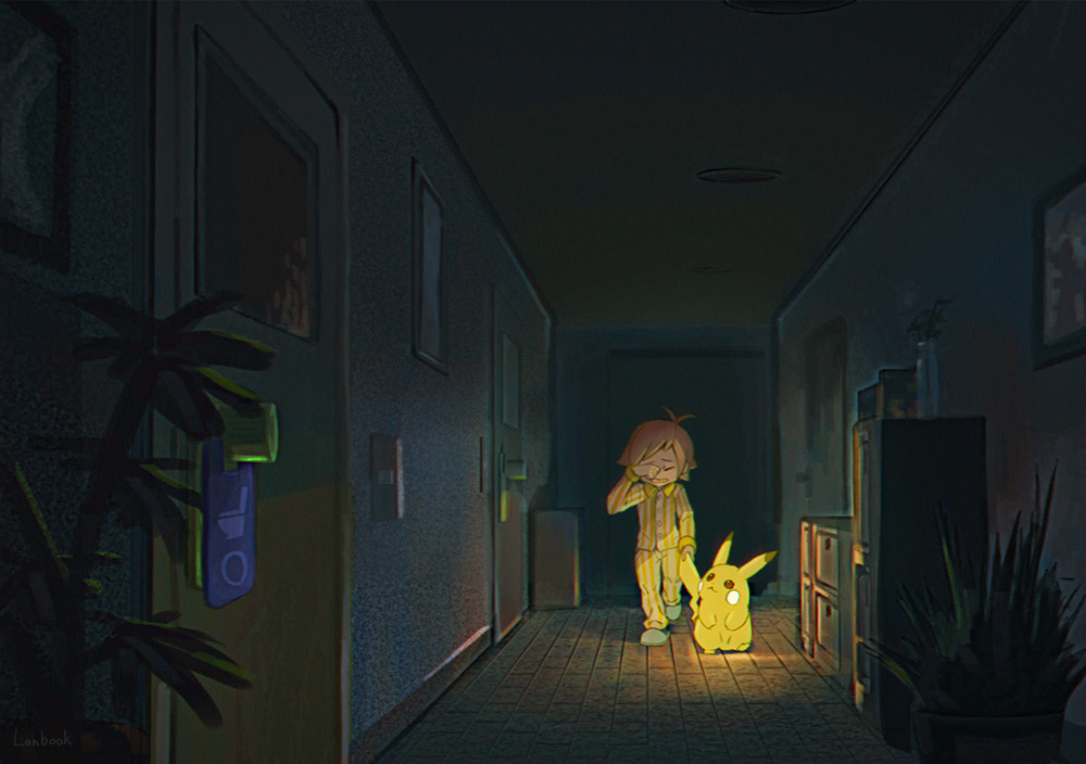 1boy, antenna_hair, brown_hair, buttons, closed_eyes, commentary_request, dark, door, gen_1_pokemon, glowing, hand_up, holding_tail, indoors, lanbook, long_sleeves, pajamas, photo_(object), pikachu, plant, pokemon, pokemon_(creature), potted_plant, short_hair, sleepy, slippers, tail, walking, wooden_floor