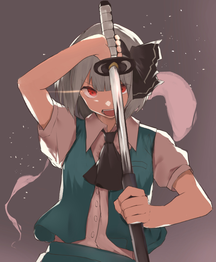1girl, arm_up, ascot, bangs, black_hairband, black_neckwear, black_ribbon, blunt_bangs, bob_cut, buttons, collared_shirt, dress_shirt, glowing, glowing_eye, green_vest, grey_background, grey_hair, hair_ribbon, hairband, hand_up, highres, hitodama, holding, holding_sheath, holding_sword, holding_weapon, katana, konpaku_youmu, konpaku_youmu_(ghost), light_particles, looking_at_viewer, open_clothes, open_mouth, puffy_short_sleeves, puffy_sleeves, red_eyes, ribbon, rizeass, scabbard, sheath, shirt, short_hair, short_sleeves, sidelocks, silver_hair, simple_background, skirt, skirt_set, solo, sword, touhou, unsheathing, upper_body, v-shaped_eyebrows, vest, weapon, white_shirt, wing_collar