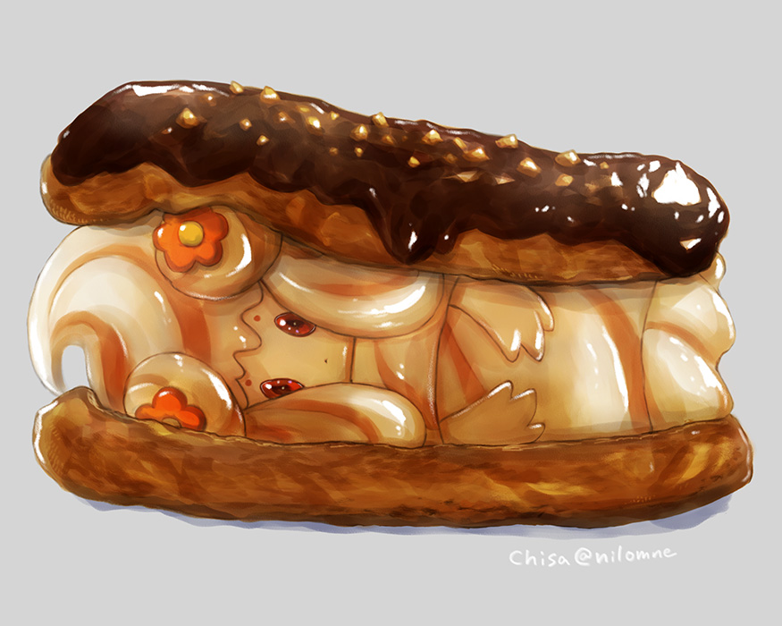 alcremie, alcremie_(flower_sweet), artist_name, chocolate, commentary_request, eclair_(food), gen_8_pokemon, grey_background, looking_at_viewer, momomo12, no_humans, pokemon, pokemon_(creature), red_eyes, solo, watermark