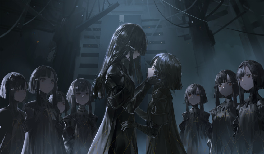 6+girls, age_difference, black_hair, clone, eyes_in_shadow, girls_frontline, hidden_eyes, long_hair, multiple_girls, nyto_larvae_(girls_frontline), nyto_mercurows_(girls_frontline), official_art, pale_skin, paradeus, short_hair, touching_another's_chin, yellow_eyes
