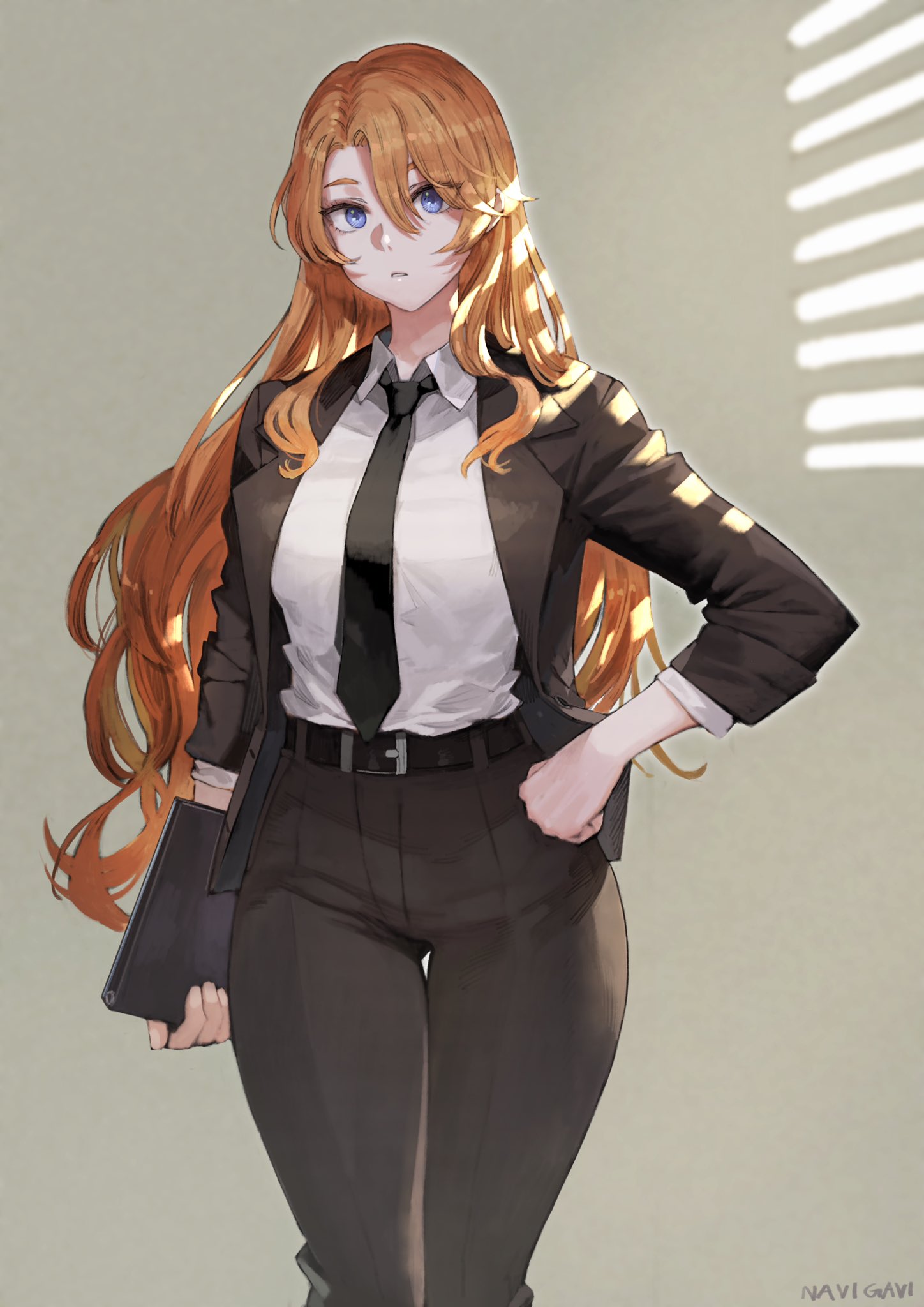 1girl, bangs, belt, black_belt, black_neckwear, black_pants, blazer, blue_eyes