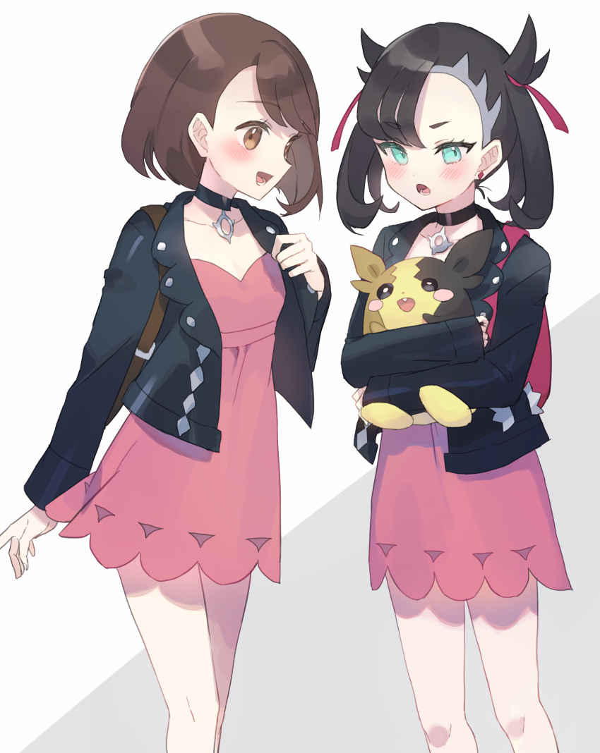 2girls, absurdres, asymmetrical_bangs, bangs, black_choker, black_hair, black_jacket, blush