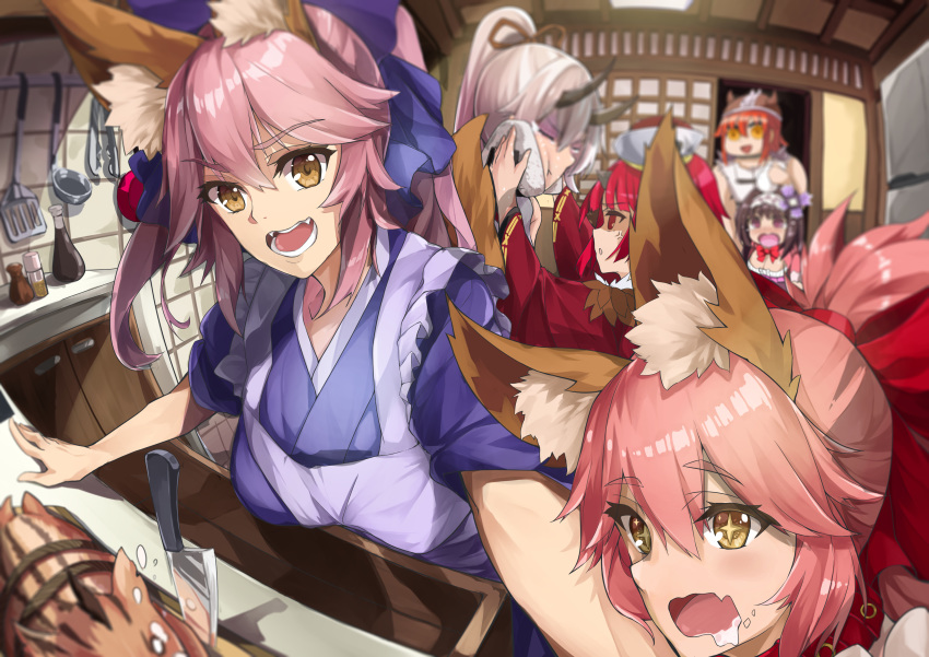 6+girls, absurdres, anger_vein, animal_ear_fluff, animal_ears, apron, bangs, benienma_(fate/grand_order)