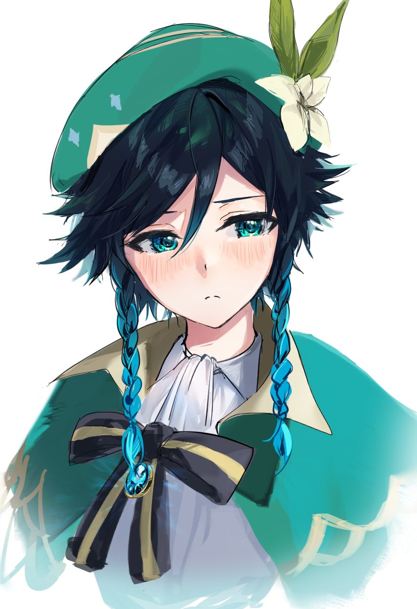 1boy, beret, blue_eyes, blue_hair, blush, bow, bowtie, braid
