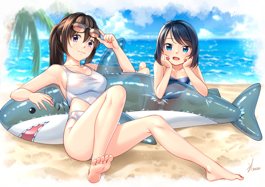 bangs, beach, black_hair, blue_eyes, blush, breasts, brown_hair, day