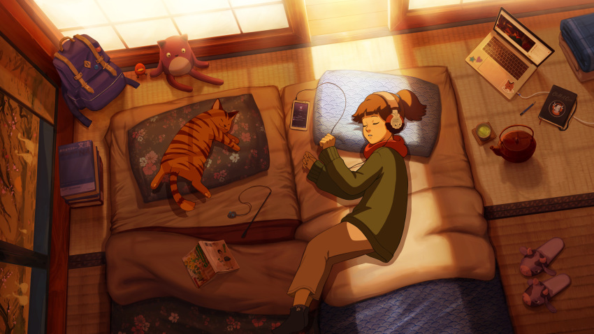 1girl, absurdres, animal, book_stack, brown_hair, cable, cat, cellphone, chilledcow_stream_girl, commentary, computer, cup, dappled_sunlight, day, english_commentary, futon, green_sweater, highres, indoors, julia_shii, laptop, listening_to_music, lying, on_side, original, phone, pillow, red_scarf, scarf, short_ponytail, sleeping, smartphone, socks, solo_focus, sunlight, sweater, tatami, teacup, teapot