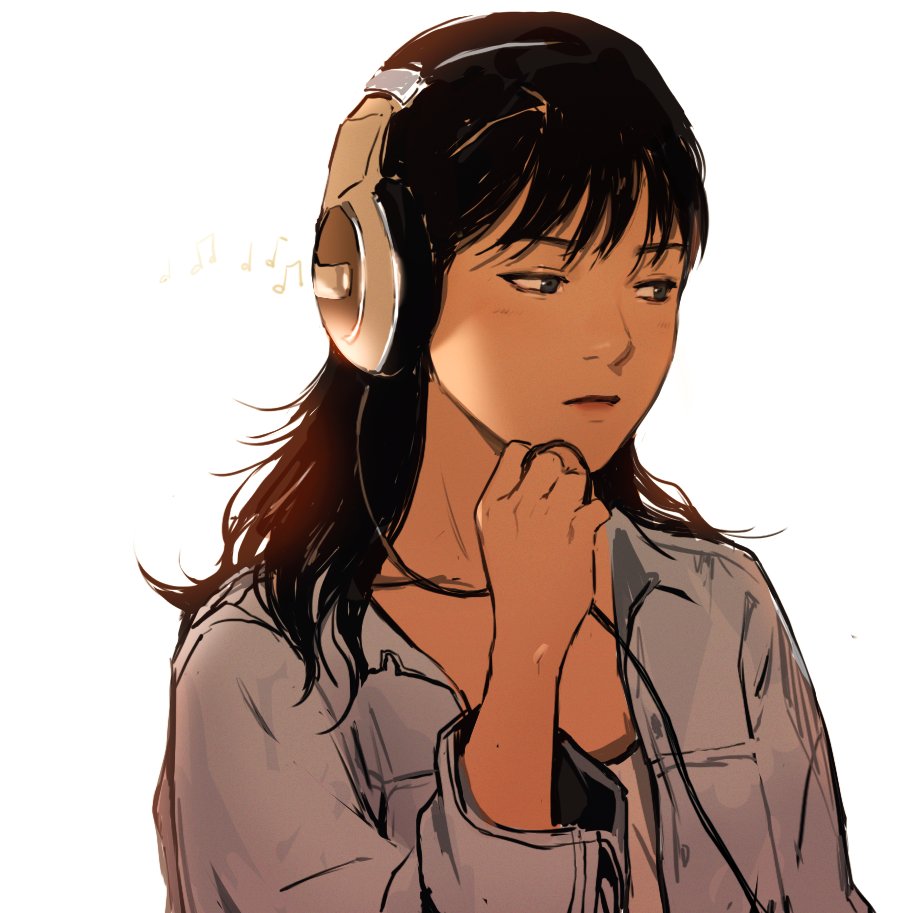 1girl, black_hair, blue_eyes, cable, commentary, english_commentary, headphones, julia_shii