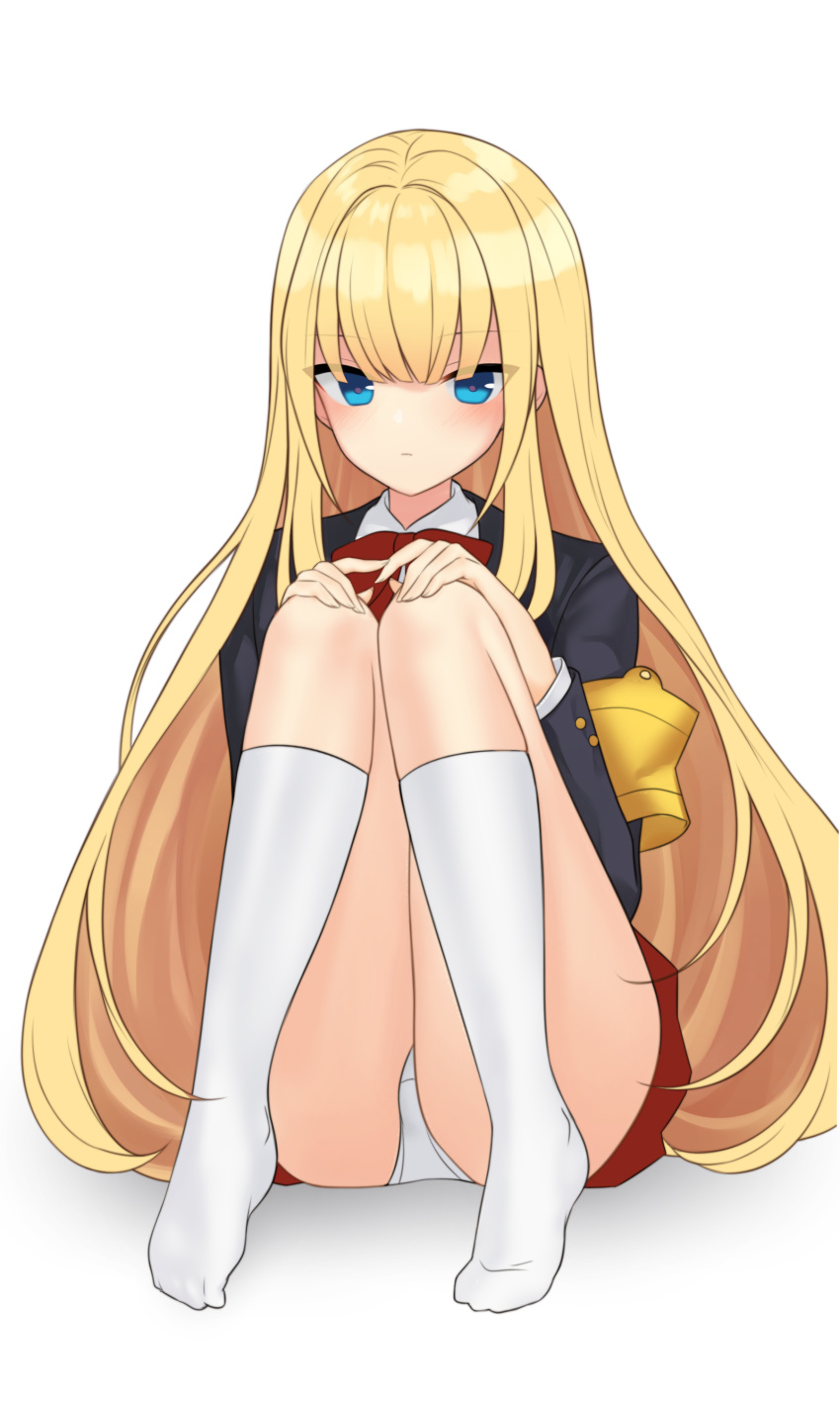 1girl, absurdres, bangs, blazer, blue_eyes, blush, cardinal_armand, highres, jacket, kbn317, kneehighs, last_origin, long_hair, looking_at_viewer, panties, pantyshot, school_uniform, simple_background, sitting, skirt, solo, underwear, upskirt, very_long_hair, white_background, white_legwear, white_panties