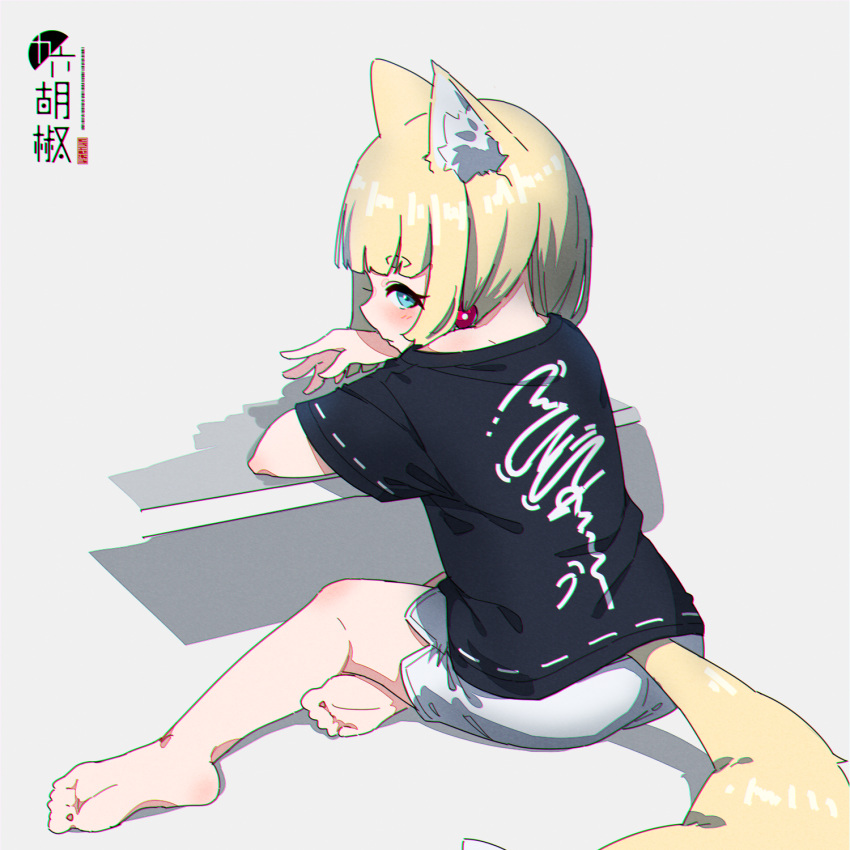 1girl, animal_ear_fluff, animal_ears, ass, barefoot, black_shirt, blonde_hair, blue_eyes