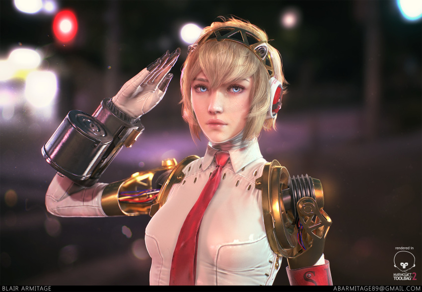 1girl, 3d, aegis_(persona), android, blair_armitage, blonde_hair, blue_eyes, highres, joints, looking_at_viewer, necktie, persona, persona_3, realistic, robot_joints, short_hair, solo, very_short_hair