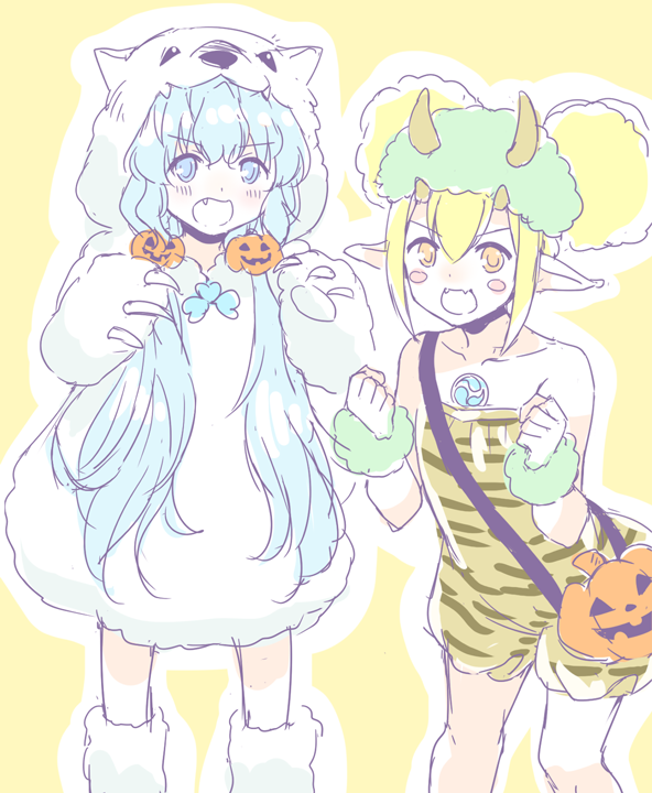 2girls, alternate_costume, animal_hood, aqua_hair, blonde_hair, blush_stickers, child, electra_(xenoblade)