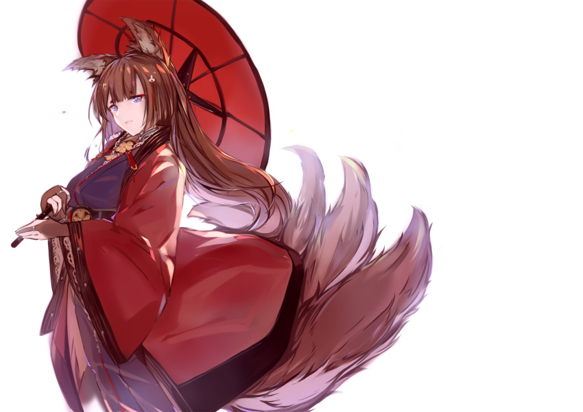 1girl, amagi_(azur_lane), animal_ears, azur_lane, bangs, blunt_bangs, brown_hair, coat, fox_ears, fox_girl, fox_tail, highres, holding, holding_umbrella, japanese_clothes, kimono, kitsune, kyuubi, long_hair, looking_at_viewer, multiple_tails, oriental_umbrella, purple_kimono, red_coat, sakuramon, shika_(shika0), simple_background, solo, tail, thick_eyebrows, umbrella, violet_eyes, wide_sleeves
