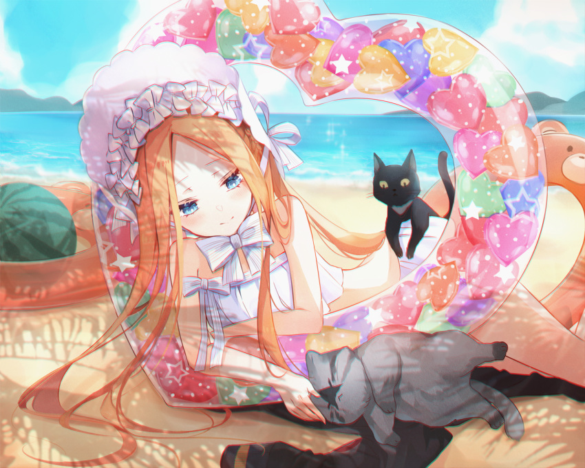 1girl, :<, abigail_williams_(fate/grand_order), abigail_williams_(swimsuit_foreigner)_(fate), bangs, beach, black_cat, blonde_hair, blue_eyes, blush, bonnet, bow, bowtie, bright_pupils, cat, chromatic_aberration, closed_mouth, clouds, commentary_request, day, fate/grand_order, fate_(series), feet_out_of_frame, food, fruit, grey_cat, heart, innertube, jacket, jacket_removed, long_hair, looking_down, lying, miya_(zawarudo), on_side, parted_bangs, petting, ribbon, shadow, sky, smile, solo, sparkle, swimsuit, thighs, very_long_hair, water, watermelon, white_bow, white_neckwear, white_ribbon, white_swimsuit