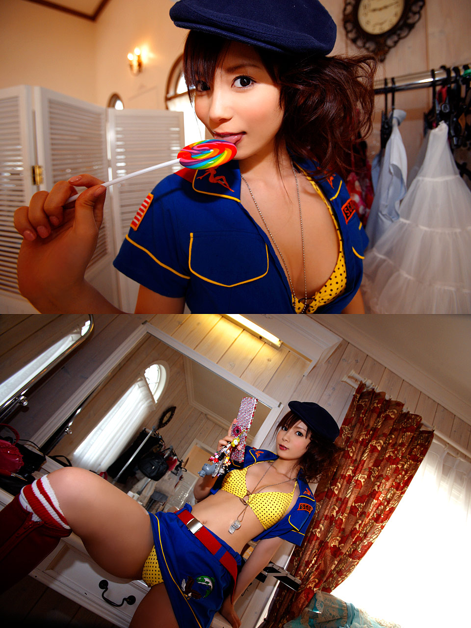 beret, boots, bra, cellphone, cosplay, knee_socks, lollipop, nakagawa_shoko