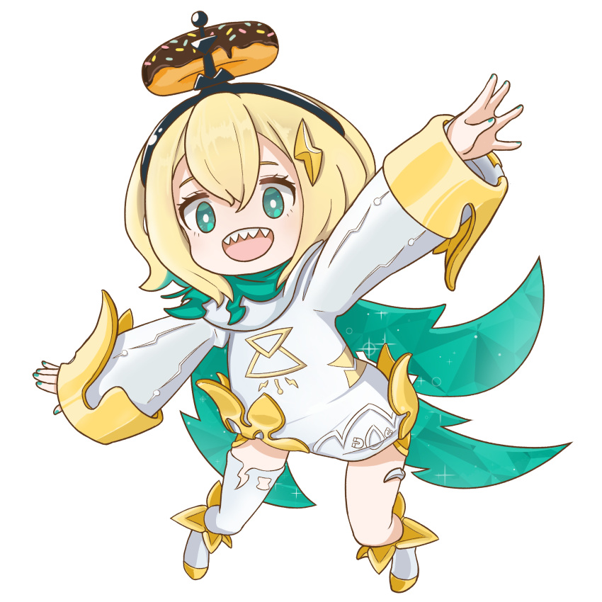 1girl, amano_pikamee, blonde_hair, cosplay, doughnut, floating, food, genshin_impact, green_eyes, hair_ornament, highres, lightning_bolt, lightning_bolt_hair_ornament, open_mouth, owlsoda, paimon_(genshin_impact), paimon_(genshin_impact)_(cosplay), sharp_teeth, short_hair, solo, teeth, virtual_youtuber, voms, waving