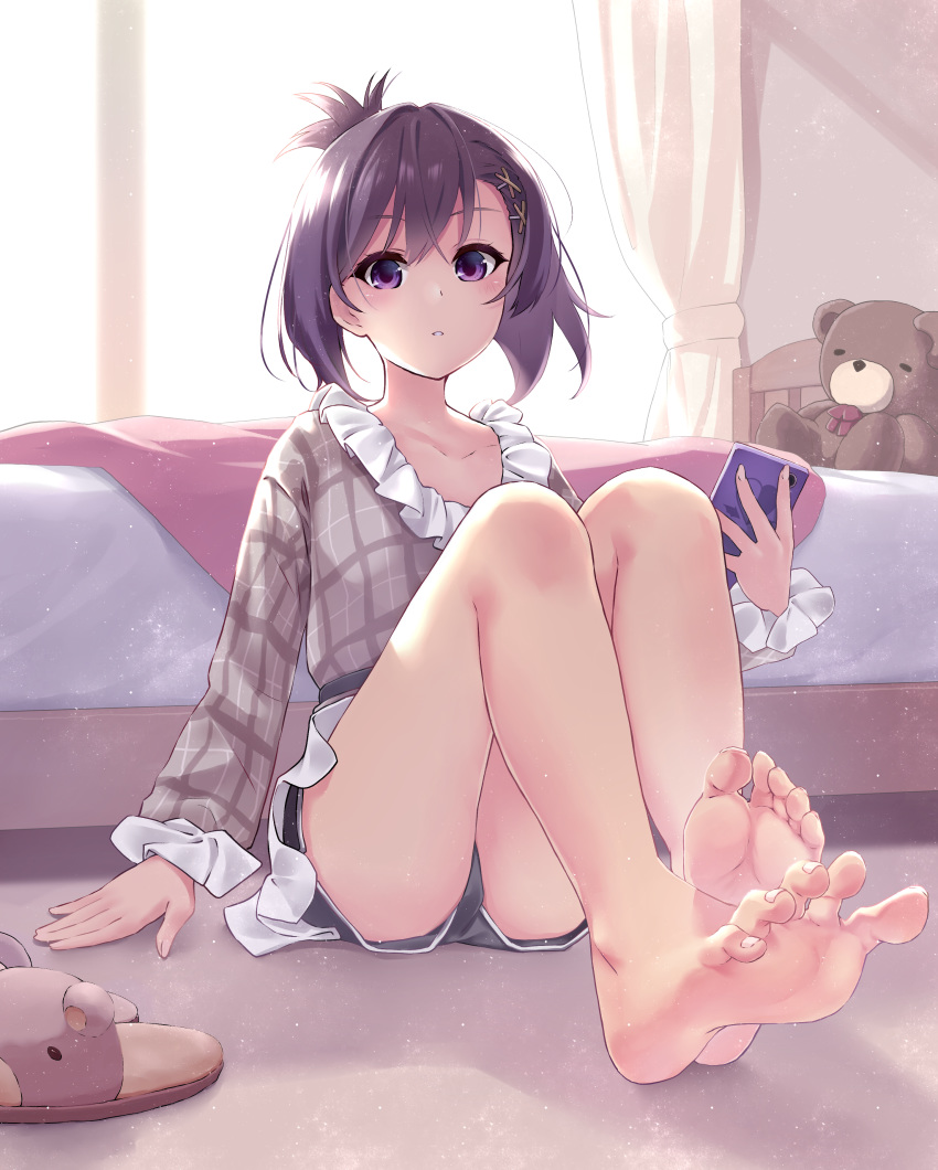 1girl, absurdres, bangs, bare_legs, barefoot, bed, blush, curtains
