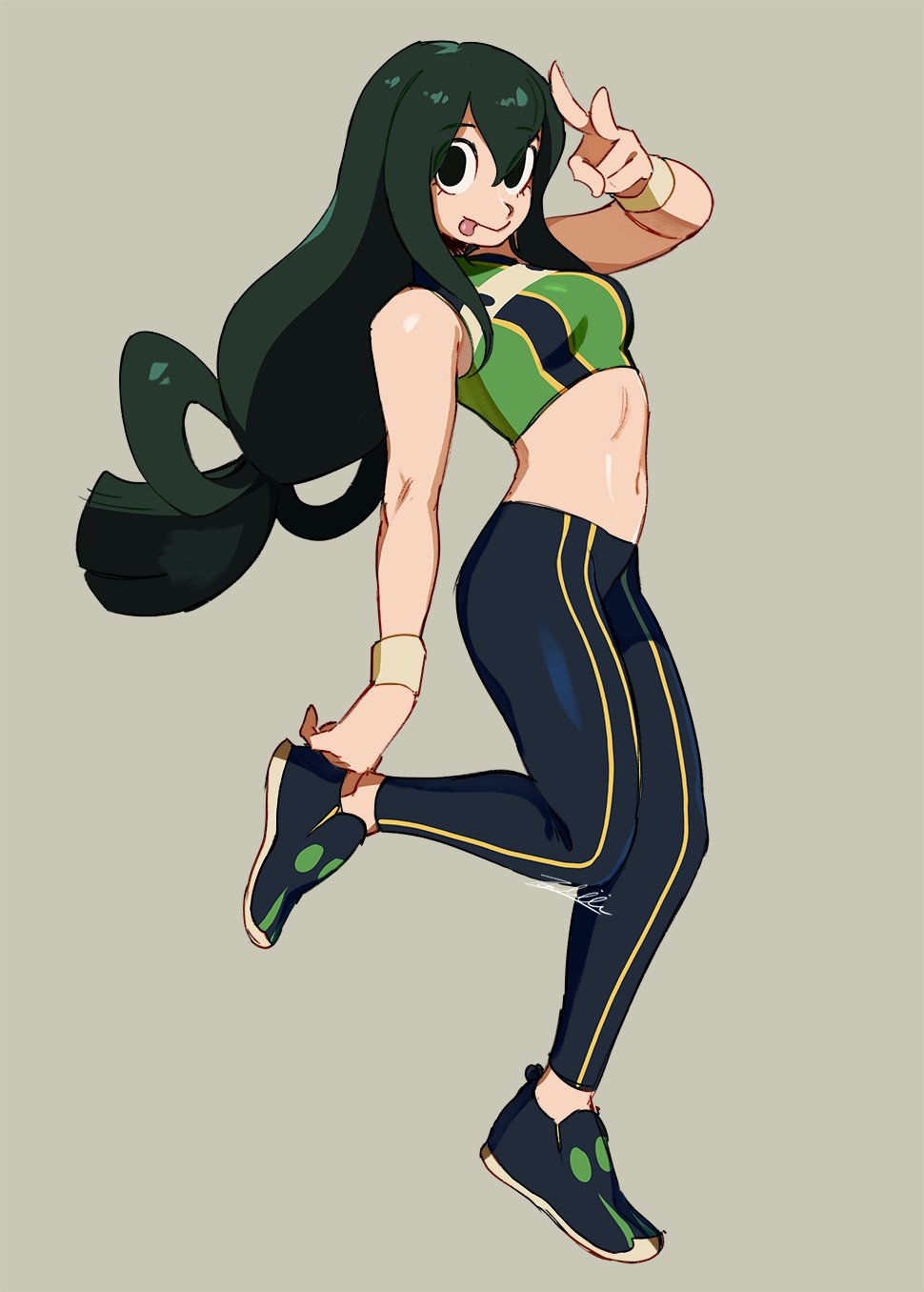 1girl, asui_tsuyu, black_eyes, black_footwear, black_legwear, boku_no_hero_academia, brown_background, full_body, hair_rings, hand_up, highres, leg_up, leggings, long_hair, looking_at_viewer, low-tied_long_hair, midriff, navel, shoes, signature, simple_background, smile, solo, standing, tongue, tongue_out, v, zambiie