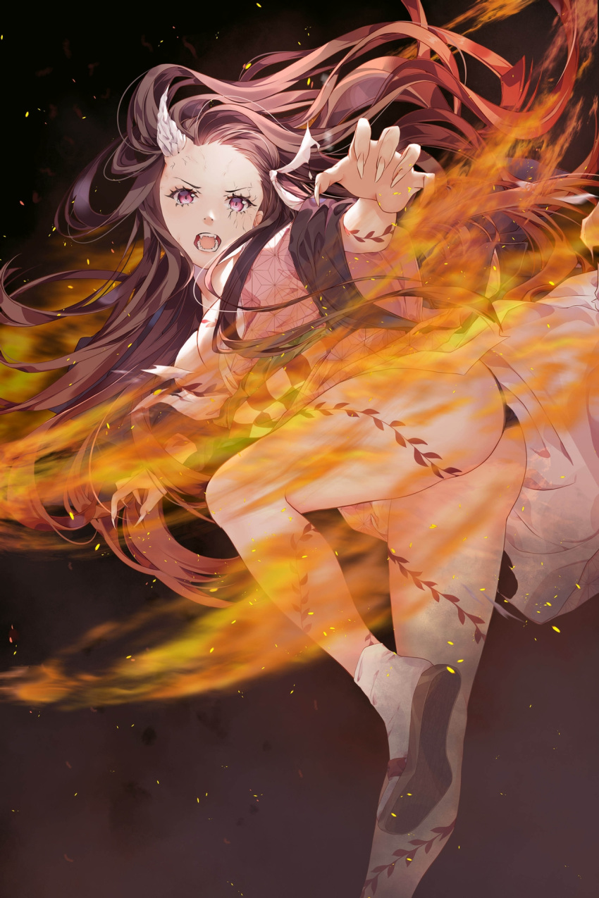 1girl, asa_no_ha_(pattern), bamboo, bit_gag, black_haori, boar_mask, checkered_obi, fingernails