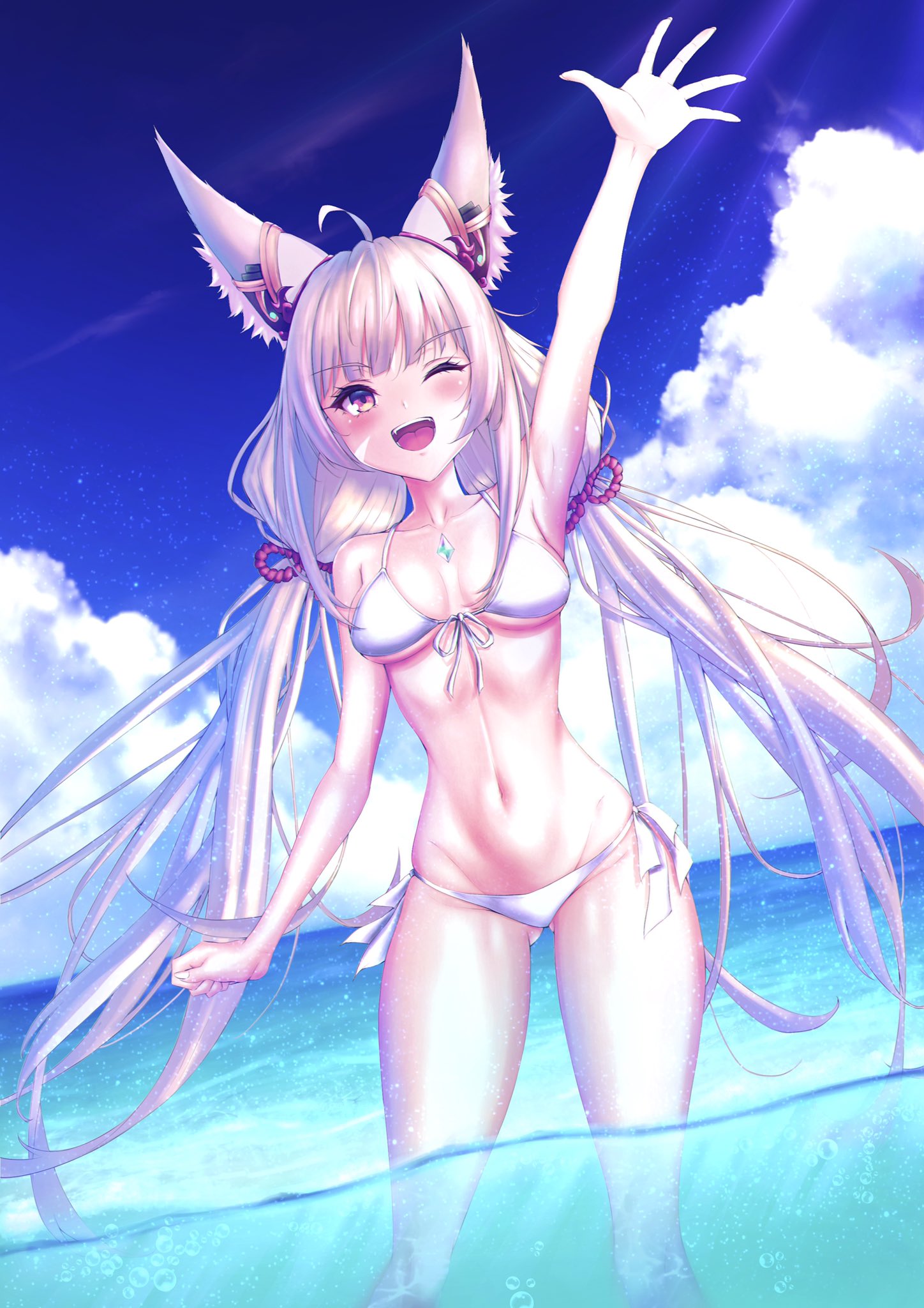 1girl, ;d, animal_ears, arm_up, bikini, chest_jewel, clouds, ear_covers
