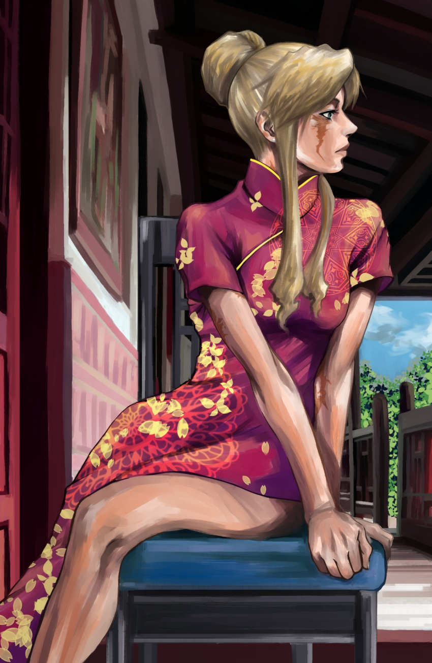 1girl, alternate_hair_length, alternate_hairstyle, balalaika_(black_lagoon), black_lagoon, blonde_hair, blue_eyes, burn_scar