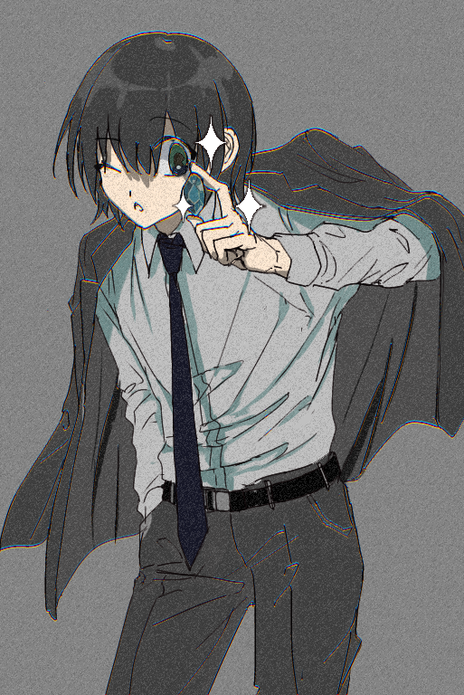 1boy, belt, black_hair, black_neckwear, coat, coat_on_shoulders, eyebrows_visible_through_hair, film_grain, formal, gem, green_eyes, grey_background, hair_between_eyes, hand_in_pocket, holding, holding_gemstone, kf8fw, male_focus, necktie, one_eye_closed, original, solo, sparkle, suit