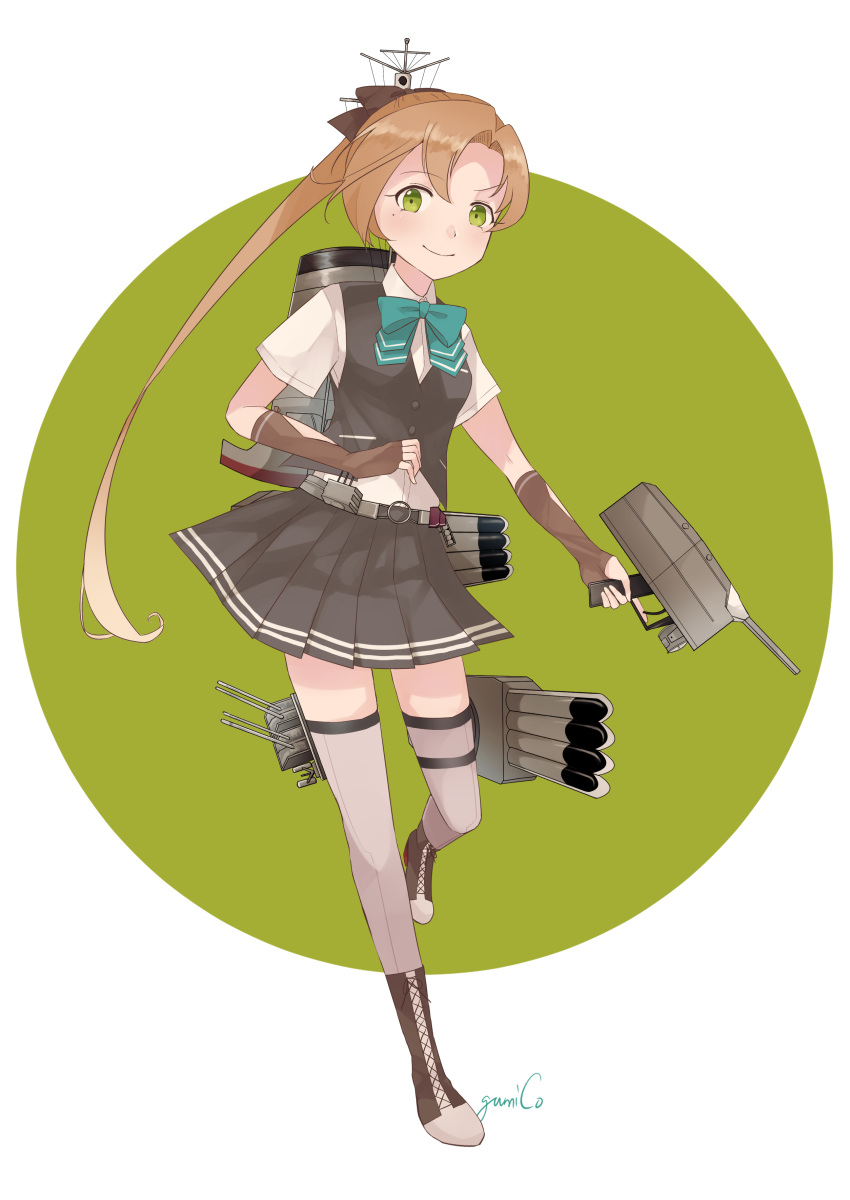 1girl, aa_gun, absurdres, adapted_costume, akigumo_(kantai_collection), alternate_costume, artist_name, black_bow
