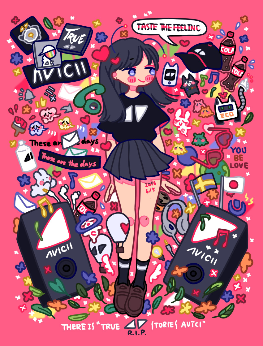 1girl, absurdres, antennae, bangs, beamed_eighth_notes, black_hair, black_shirt, bottle, brown_footwear, cola, eighth_note, english_text, hat, headphones, heart, highres, japanese_flag, leaf, letter, light_bulb, long_hair, musical_note, original, phone, pleated_skirt, quarter_note, shirt, shoes, short_sleeves, sizucomaru, skirt, socks, solo, speech_bubble, swedish_flag, violet_eyes