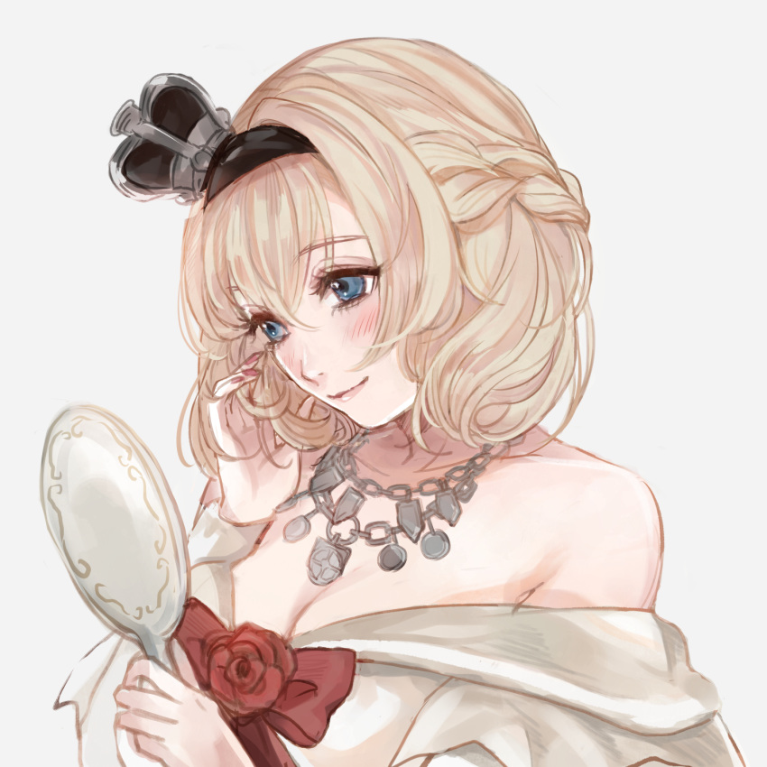alternate_hair_length, alternate_hairstyle, blonde_hair, blue_eyes, braid, breasts, highres, kantai_collection, knek, medium_breasts, mirror, smile, warspite_(kantai_collection)