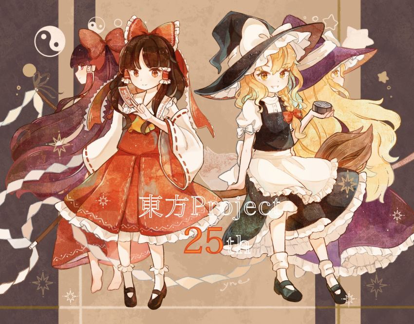 4girls, apron, ascot, bangs, bare_shoulders, black_dress, black_footwear, blonde_hair