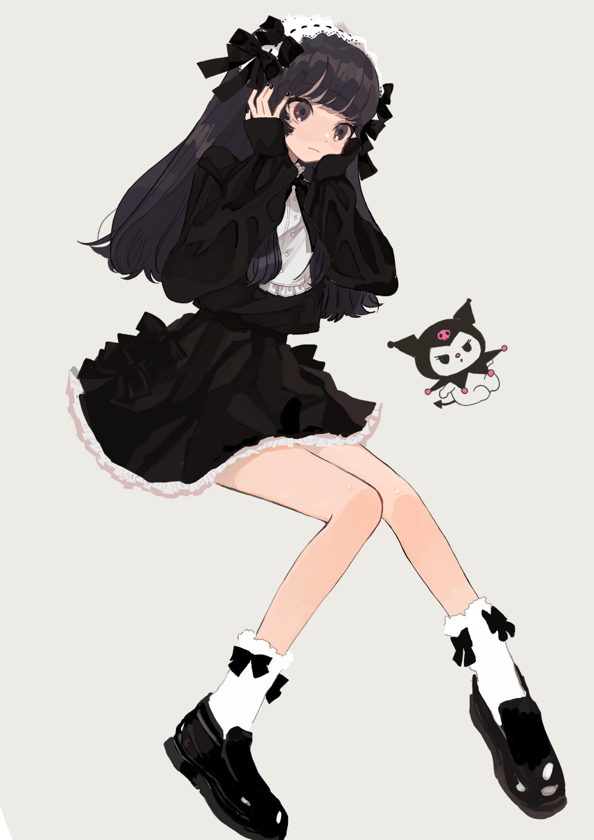 1girl, absurdres, black_bow, black_dress, black_eyes, black_footwear, black_hair, black_nails