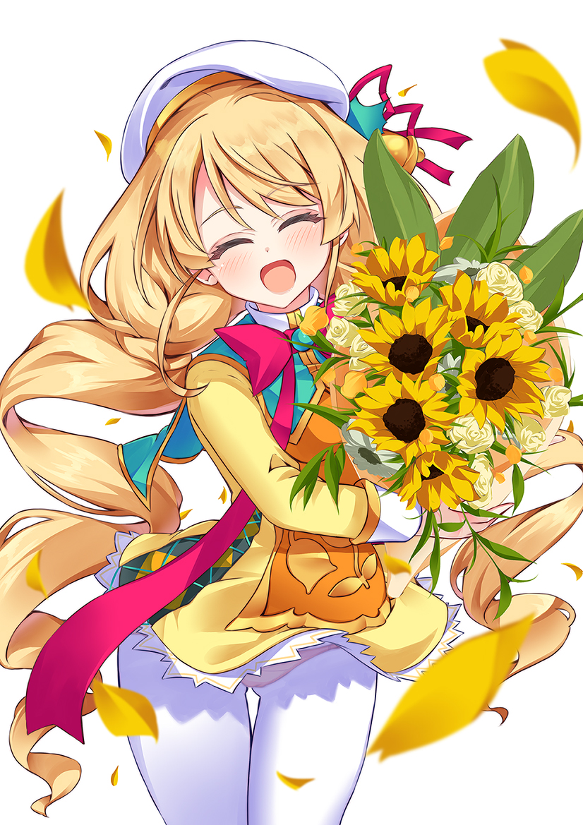 1girl, :d, bad_anatomy, bell, blonde_hair, bouquet, bow, closed_eyes