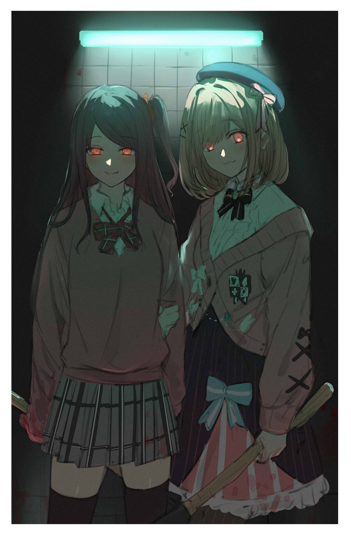 2girls, :3, akabane_youko, alternate_eye_color, asymmetrical_bangs, bangs, beret, black_headwear
