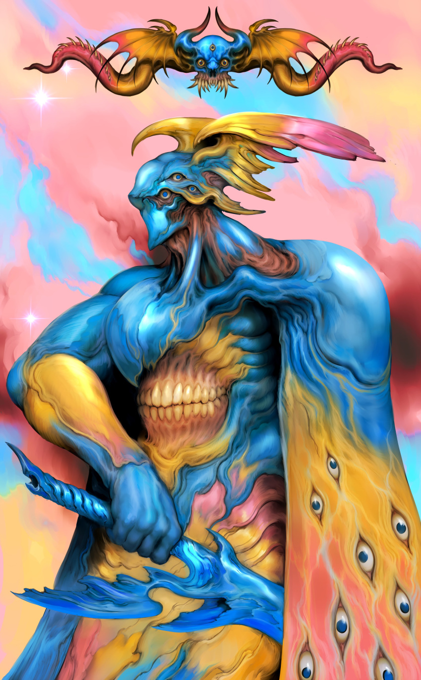 1boy, absurdres, armor, blue_eyes, cape, colorful, extra_eyes, eyeball, helmet, highres, holding, holding_sword, holding_weapon, monster, original, pauldrons, shoulder_armor, solo, star_(sky), sword, teeth, weapon, winged_helmet, wings, witnesstheabsurd