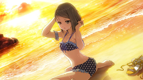 22/7, bikini, black_eyes, black_hair, blush, hiiragi_tsubomi, short_hair, smile