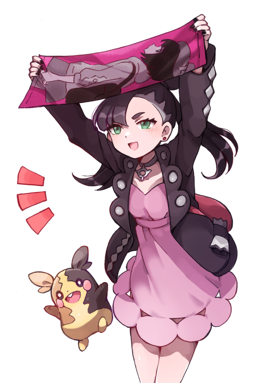 1girl, arms_up, asymmetrical_bangs, bangs, black_hair, black_jacket, black_nails, blush, character_print, choker, commentary_request, dress, earrings, eyelashes, gen_8_pokemon, gloria_(pokemon), green_eyes, highres, holding, jacket, jewelry, long_sleeves, marnie_(pokemon), morpeko, morpeko_(full), nail_polish, nanaheibei_3, open_clothes, open_mouth, pink_dress, pokemon, pokemon_(creature), pokemon_(game), pokemon_swsh, smile, tongue