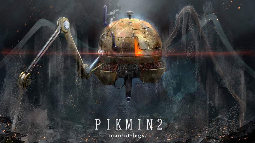 bug, character_name, copyright_name, glowing, greymon_(nodoame1215), highres, insect, man-at-legs, no_humans, pikmin_(series), pikmin_2, robot, smoke, solo, spider, weapon, wire