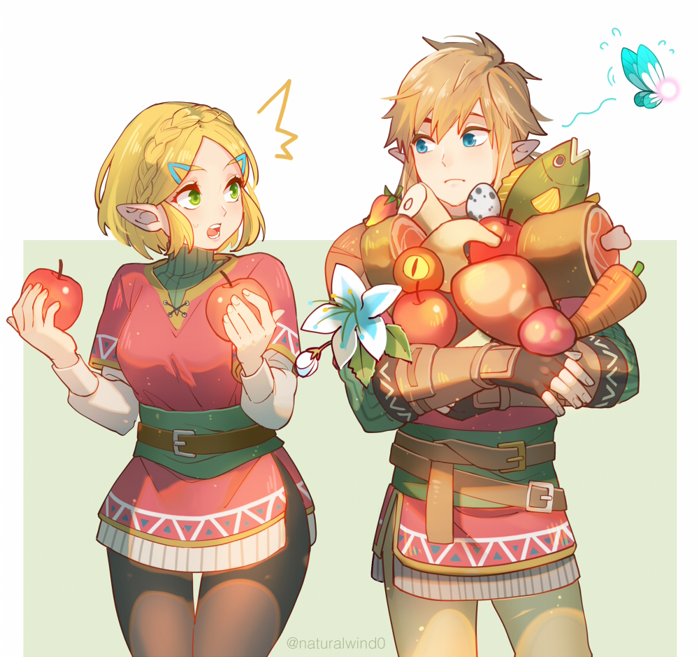 /\/\/\, 1boy, 1girl, alternate_color, apple, bangs, belt, belt_buckle, black_pants, blue_eyes, blush, boned_meat, braid, brown_hair, brown_pants, buckle, carrot, carrying, chinese_commentary, commentary_request, cowboy_shot, crown_braid, egg, english_commentary, eye_contact, fairy, fish, flower, flying_sweatdrops, food, fruit, green_eyes, hair_ornament, hairclip, holding, holding_food, holding_fruit, link, looking_at_another, looking_to_the_side, meat, mixed-language_commentary, mushroom, natural_wind, open_mouth, pants, parted_bangs, pointy_ears, princess_zelda, red_shirt, shirt, short_hair, sidelocks, the_legend_of_zelda, the_legend_of_zelda:_breath_of_the_wild, the_legend_of_zelda:_breath_of_the_wild_2, thigh_gap, twitter_username, two-tone_background, white_flower
