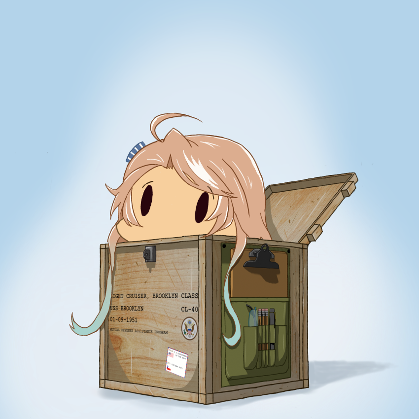 1951, 1girl, american_flag, artist_request, azur_lane, blue_background, box, brooklyn_(azur_lane)
