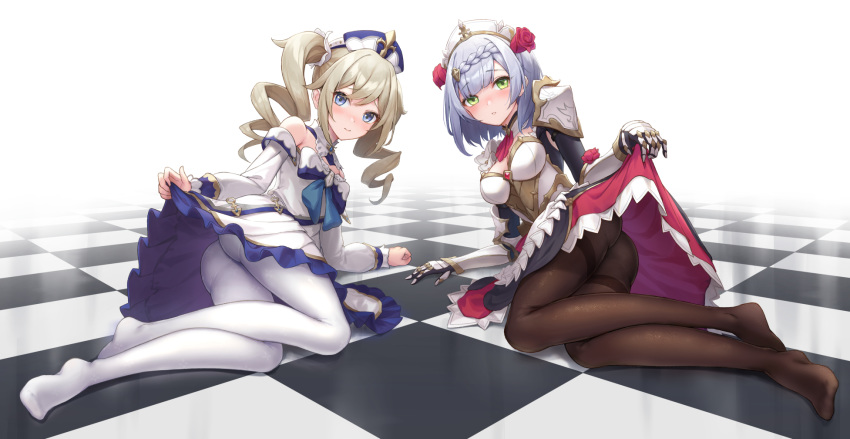 2girls, armor, ass, barbara_(genshin_impact), black_dress, blue_eyes, blush, braid