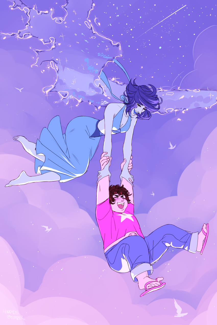 1girl, blue_hair, blue_skin, blush, brown_hair, clouds, curly_hair, flying, happyds, highres, holding, holding_sword, holding_weapon, lapis_lazuli_(steven_universe), long_skirt, pants, shirt, short_hair, skirt, sky, slippers, smile, star_(sky), star_(symbol), starry_sky, steven_quartz_universe, steven_universe, sword, water, weapon, wings