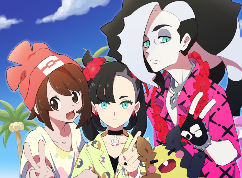 1boy, 2girls, alolan_exeggutor, alolan_form, aqua_eyes, asymmetrical_bangs, bangs, beanie, black_choker, black_nails, blush, brother_and_sister, brown_hair, choker, closed_mouth, clouds, commentary_request, cosplay, earrings, eyelashes, eyeshadow, fingerless_gloves, flower, gen_7_pokemon, gen_8_pokemon, gloria_(pokemon), gloves, hair_flower, hair_ornament, hat, highres, jewelry, kintaro-ame, makeup, marnie_(pokemon), morpeko, morpeko_(full), multiple_girls, nail_polish, open_mouth, outdoors, piers_(pokemon), pokemon, pokemon_(game), pokemon_swsh, red_flower, red_headwear, selene_(pokemon), selene_(pokemon)_(cosplay), shirt, short_hair, siblings, sky, tongue, v