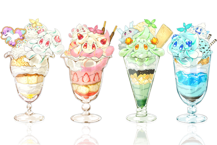 alcremie, alcremie_(berry_sweet), alcremie_(flower_sweet), alcremie_(love_sweet), alcremie_(strawberry_sweet), blue_eyes, closed_mouth, commentary_request