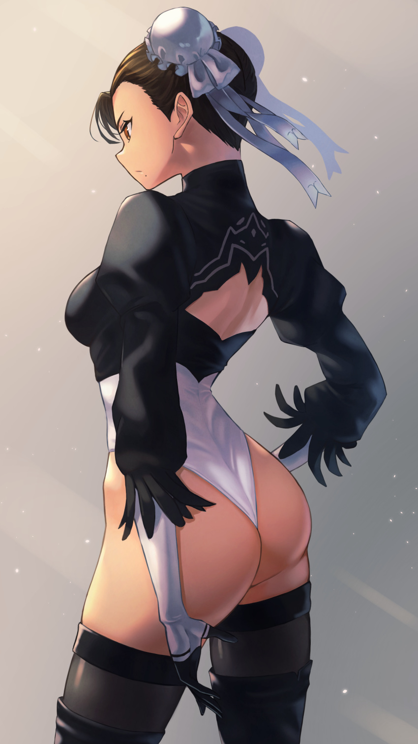 1girl, absurdres, alternate_costume, ass, bangs, black_legwear, boots, breasts