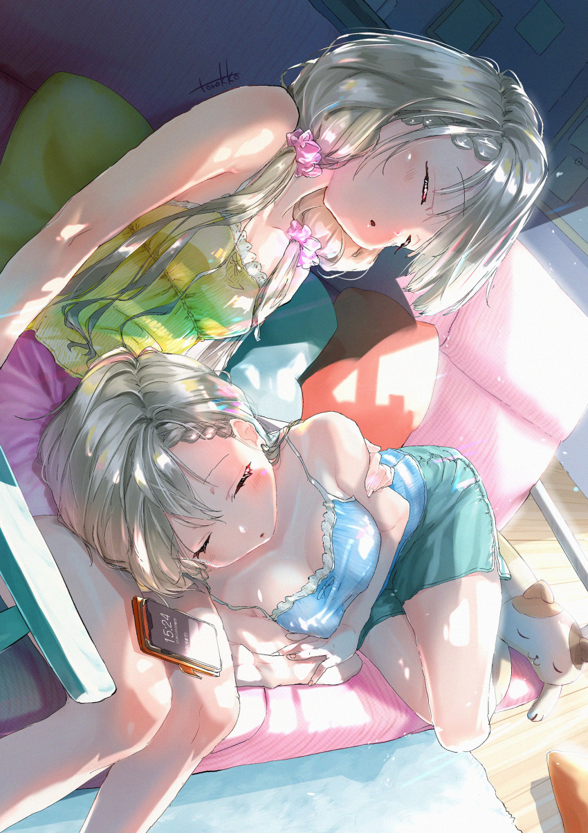 2girls, absurdres, braid, cat, cellphone, closed_eyes, commentary_request, dutch_angle