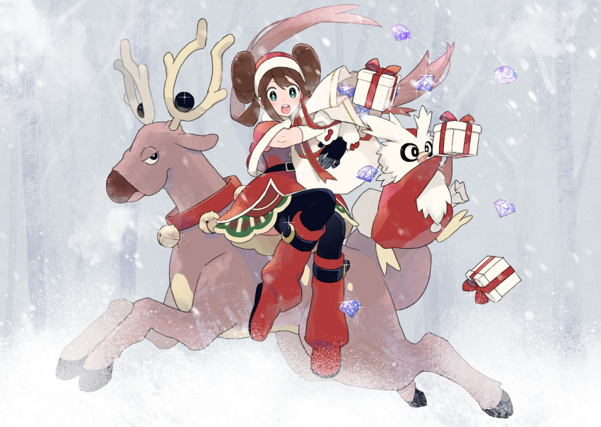 1girl, absurdres, bangs, boots, box, capelet, christmas, commentary_request