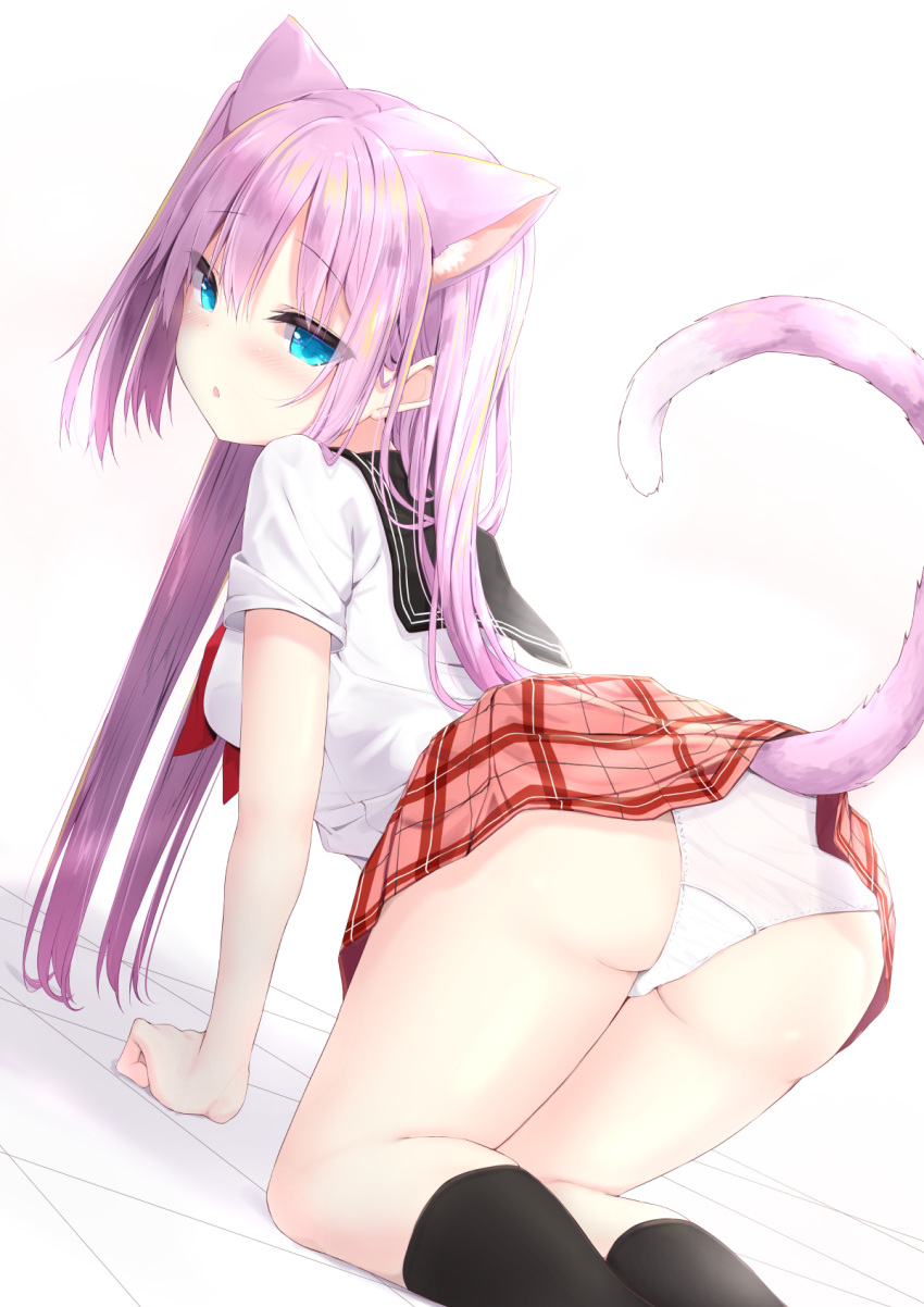 1girl, all_fours, animal_ear_fluff, animal_ears, ass, bangs, black_legwear, black_sailor_collar
