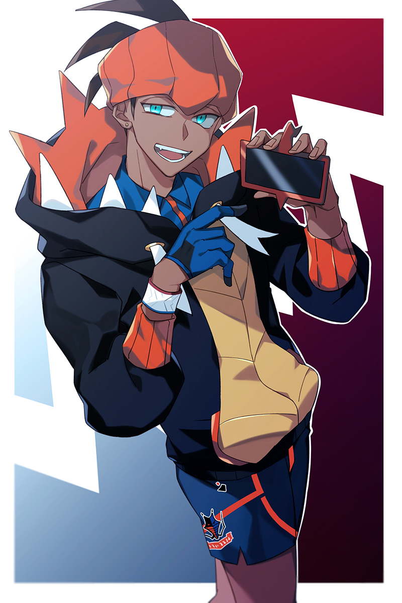 1boy, aqua_eyes, black_hoodie, brown_hair, commentary_request, dynamax_band, earrings, gen_4_pokemon