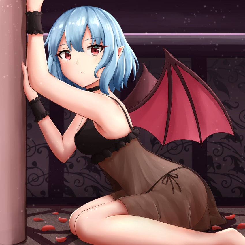 1girl, bare_arms, bare_shoulders, bat_wings, black_choker, black_panties, blue_hair, breasts